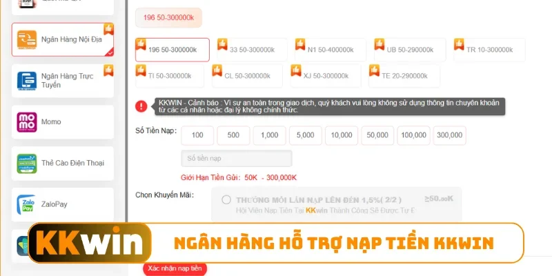 Ngân hàng hỗ trợ nạp tiền KKWIN