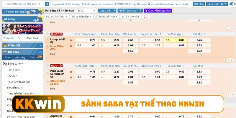 Sảnh SABA tại thể thao KKWIN