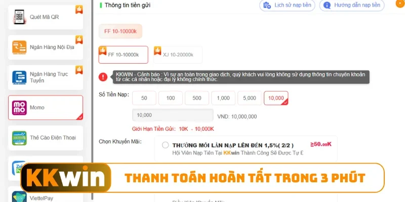 Thanh toán hoàn tất trong 3 phút